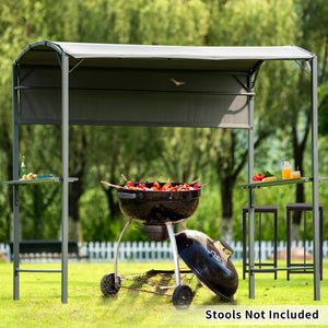 TOPMAX Outdoor 7Ft.Wx4.5Ft.L Steel Double Tiered Backyard Patio BBQ Grill Gazebo with Side Awning, Bar Counters and Hooks, Gray