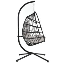 Load image into Gallery viewer, TOPMAX Patio Foldable Swing Chair Porch PE Wicker Egg Hanging Chair Hammock Chair w/Stand and Cushion for Outdoor Balcony Indoor Bedroom, Gray
