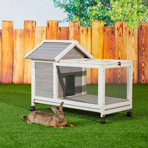 Wooden Rabbit Hutch 40.7" L x 23.4" W x 30" H, Bunny Cage  with 4 Wheels