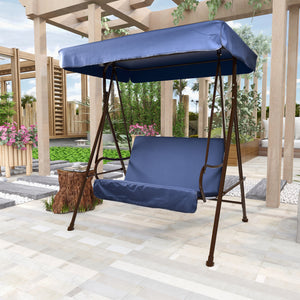 2-Seat Outdoor Patio Porch Swing Chair, Porch Lawn Swing With Removable Cushion And Convertible Canopy, Brown Blue