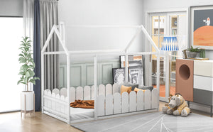 (Slats are not included) Twin Size Wood Bed House Bed Frame with Fence, for Kids, Teens, Girls, Boys  (White )