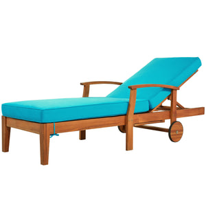 TOPMAX Outdoor Solid Wood 78.8" Chaise Lounge Patio Reclining Daybed with Cushion, Wheels and Sliding Cup Table for Backyard, Garden, Poolside,Brown Wood Finish+Blue Cushion, Set of 2