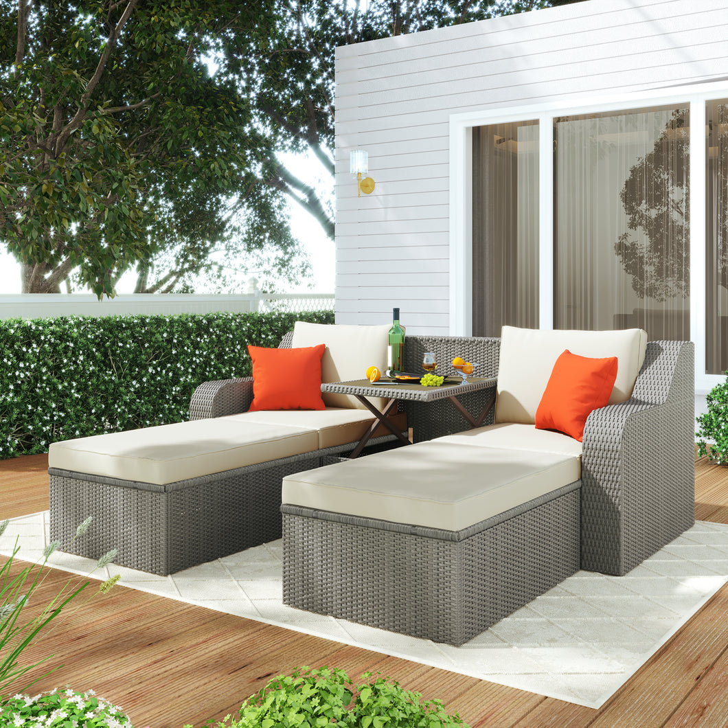 U_STYLE Patio Furniture Sets, 3-Piece Patio Wicker Sofa with  Cushions, Pillows, Ottomans and Lift Top Coffee Table