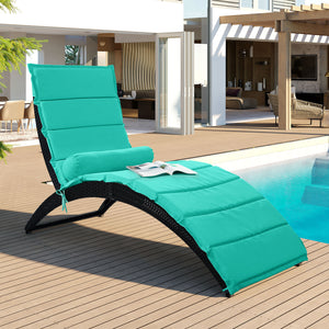 GO Patio Wicker Sun Lounger, PE Rattan Foldable Chaise Lounger with Removable Cushion and Bolster Pillow, Black Wicker and Turquoise Cushion
