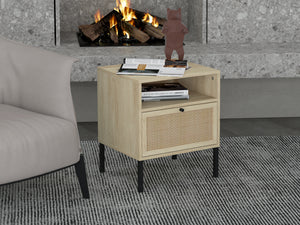 Natural rattan，1 door nightstand side table，Accent Side or End Table，Storage for Living Room or Nightstand for Bedroom
