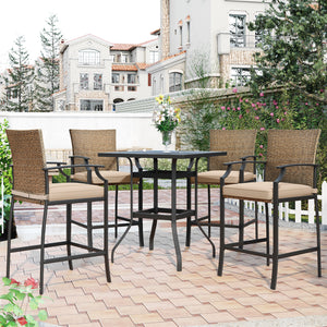 TOPMAX Outdoor Patio 5-Piece PE Rattan Counter Height Dining Table Set with 4 Dining Chairs and Cushions for Backyard, Garden, Poolside, Brown Wicker+Black Frame