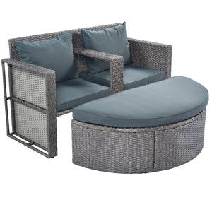 TOPMAX 2-Piece All-Weather PE Wicker Conversation Set Rattan Sofa Set Outdoor Patio Half-moon Sectional Furniture Set w/ Side Table for Umbrella, Gray Rattan+Gray Cushion