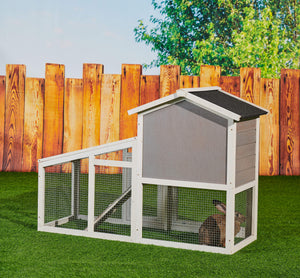 Rabbit Hutch Indoor Outdoor, Wooden Chicken Coop, Bunny Cage Hen House with Run, Ventilation Door, Removable Tray, Ramp, Sunlight Panel, Backyard Garden Animals Pet Cage (Gray)