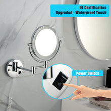 Load image into Gallery viewer, 8 Inch LED Wall Mount Two-Sided Magnifying Makeup Vanity Mirror 12 Inch Extension Chrome Finish 1X/3X Magnification Plug 360 Degree Rotation Waterproof Button Shaving Mirror
