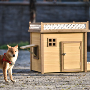39.4” Wooden Dog House Puppy Shelter Kennel Outdoor & Indoor Dog crate, with Flower Stand, Plant Stand, With Wood Feeder