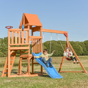 Wooden Swing Set with Slide, Climbing wall, Sandbox and Wood Roof, Outdoor Playhouse Backyard Activity Playground Playset for Toddlers