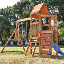 Load image into Gallery viewer, Wooden Swing Set with Slide, Climbing wall, Sandbox and Wood Roof, Outdoor Playhouse Backyard Activity Playground Playset for Toddlers
