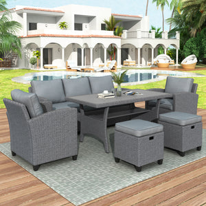 TOPMAX 6-Piece Outdoor Rattan Wicker Set Patio Garden Backyard Sofa, Chair, Stools and Table(Gray Rattan+Gray Cushion)