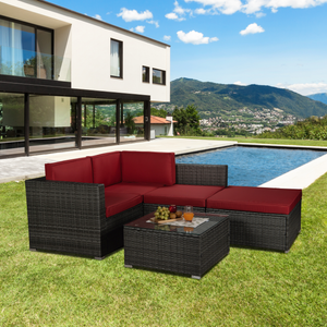 Beefurni Outdoor Garden Patio Furniture 5-Piece Gray PE Rattan Wicker Sectional Red Cushioned Sofa Sets