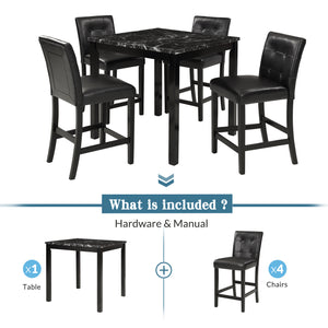 TOPMAX 5-Piece Kitchen Table Set Marble Top Counter Height Dining Table Set with 4 Leather-Upholstered Chairs (Black)