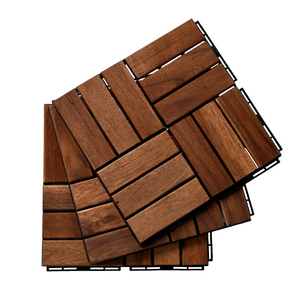 BEEFURNI 12" x 12" Square Acacia Wood Interlocking Flooring Tiles Checker Pattern Pack of 10 Tiles