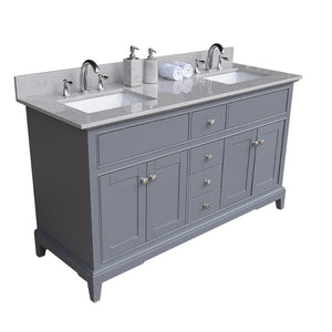 Montary 61 inches bathroom stone vanity top calacatta gray engineered marble color with undermount ceramic sink and 3 faucet hole with backsplash