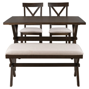 TOPMAX 4 Pieces Farmhouse Rustic Wood Kitchen Dining Table Set with Upholstered 2 X-back Chairs and Bench, Brown+Beige