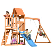 Load image into Gallery viewer, Wooden Swing Set with Slide, Climbing wall, Sandbox and Wood Roof, Outdoor Playhouse Backyard Activity Playground Playset for Toddlers
