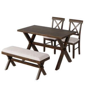 TOPMAX 4 Pieces Farmhouse Rustic Wood Kitchen Dining Table Set with Upholstered 2 X-back Chairs and Bench, Brown+Beige