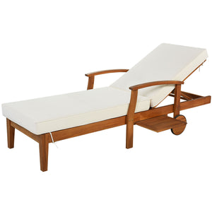 TOPMAX Outdoor Solid Wood 78.8" Chaise Lounge Patio Reclining Daybed with Cushion, Wheels and Sliding Cup Table for Backyard, Garden, Poolside,Brown Wood Finish+Beige Cushion, Set of 2