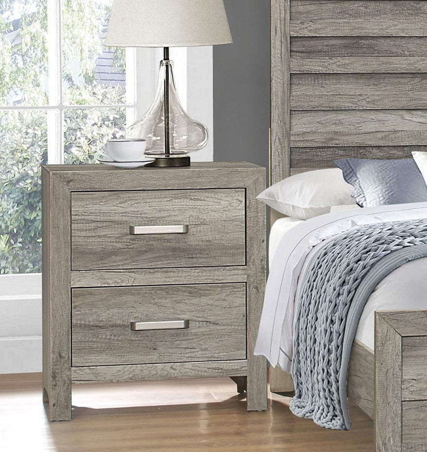 Transitional Aesthetic Bedroom Nightstand Faux Wood Veneer Weathered Gray Finish Nickel Hardware Bed Side Table