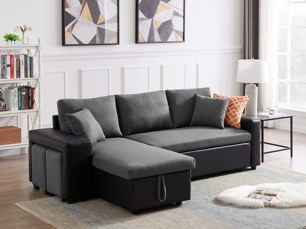 Artemax 92.5“Linen Reversible Sleeper Sectional Sofa with storage and 2 stools Steel Gray