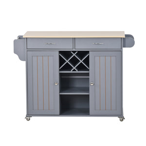 Kitchen Island Cart with Two Storage Cabinets and Four Locking Wheels，Wine Rack, Two Drawers,Spice Rack, Towel Rack （Grey Blue）