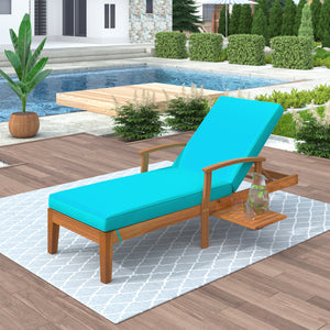 TOPMAX Outdoor Solid Wood 78.8" Chaise Lounge Patio Reclining Daybed with Cushion, Wheels and Sliding Cup Table for Backyard, Garden, Poolside,Brown Wood Finish+Blue Cushion