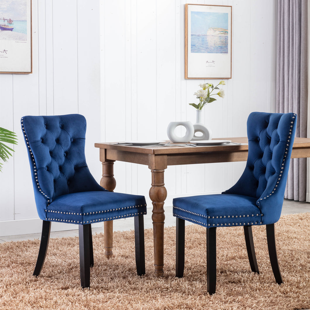 A&A Furniture,Nikki Collection Modern, High-end Tufted Solid Wood Contemporary Velvet Upholstered Dining Chair with Wood Legs  Nailhead Trim 2-Pcs Set, Blue