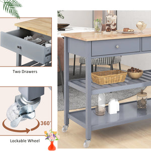 Rolling Kitchen Cart with Solid Wood Top and Locking Wheels，43.3 Inch Width，Two Open Spacious Storage Shelves and Two Drawers，Bamboo Wood Frame （Grey Blue）