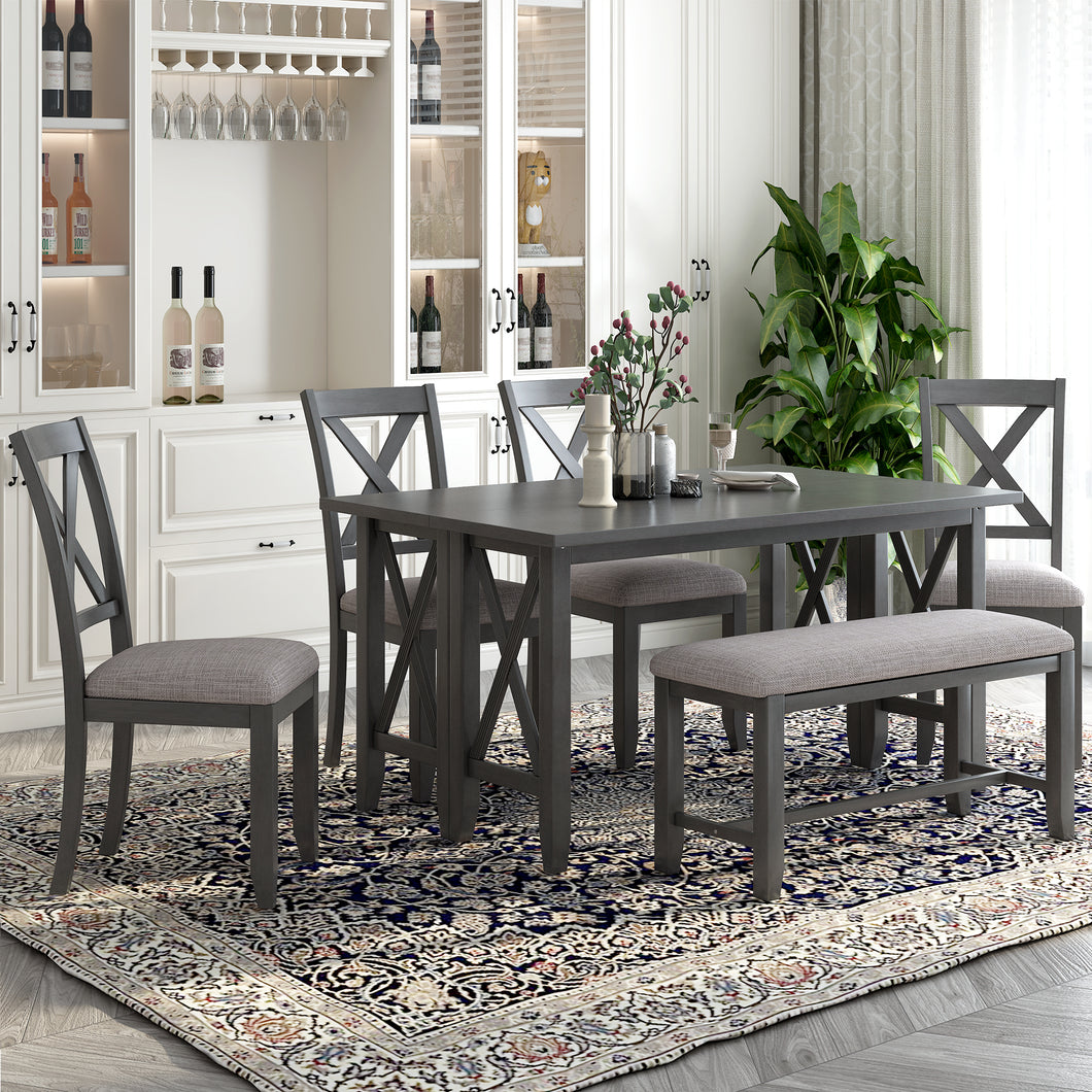 TREXM 6-Piece Family Dining Room Set Solid Wood Space Saving Foldable Table and 4 Chairs with Bench for Dining Room (Gray)