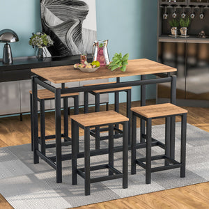TREXM 5-Piece Kitchen Counter Height Table Set, Industrial Dining Table with 4 Chairs (Brown)