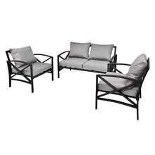 Load image into Gallery viewer, Patio Furniture Metal Arm Chair, 3 Piece Garden Outdoor Contemporary Sofa , Black Metal Conversation Set with Grey Cushions
