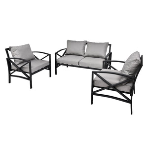 Patio Furniture Metal Arm Chair, 3 Piece Garden Outdoor Contemporary Sofa , Black Metal Conversation Set with Grey Cushions